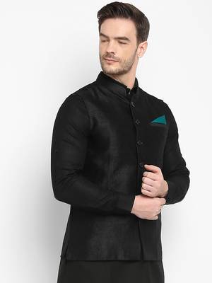 Black plain silk blend nehru-jacket 2