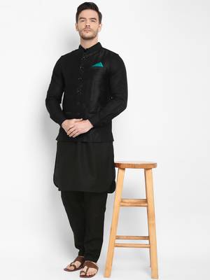 Black plain silk blend nehru-jacket 3