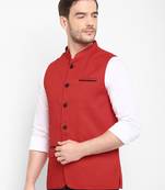 Red plain cotton nehru-jacket