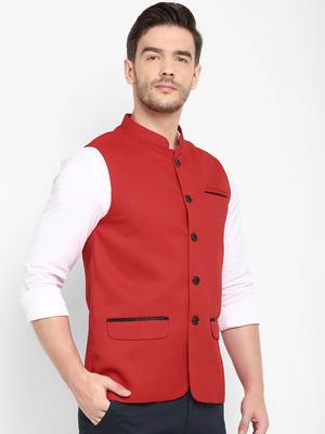 Red plain cotton nehru-jacket 2