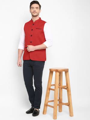 Red plain cotton nehru-jacket 3