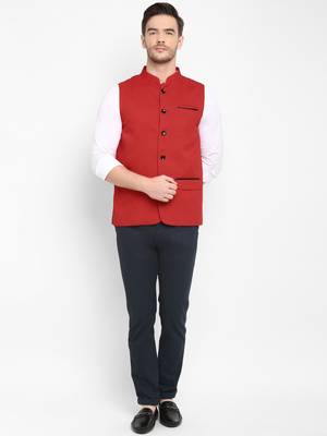 Red plain cotton nehru-jacket 4
