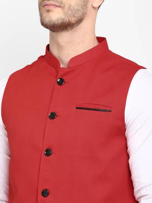 Red plain cotton nehru-jacket 5