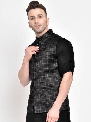 Black printed viscose nehru-jacket 1