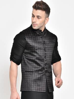 Black printed viscose nehru-jacket 2