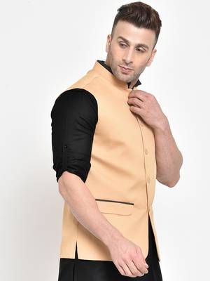beige plain viscose nehru-jacket 2