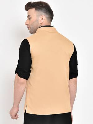 beige plain viscose nehru-jacket 3