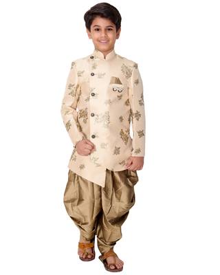 Beige plain cotton silk boys-indo-western-dress 1