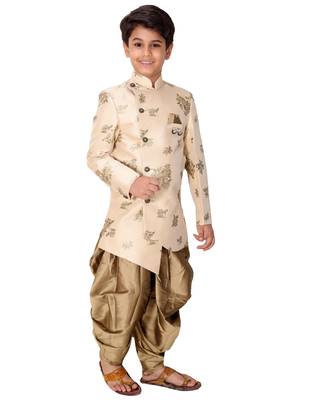 Beige plain cotton silk boys-indo-western-dress 3