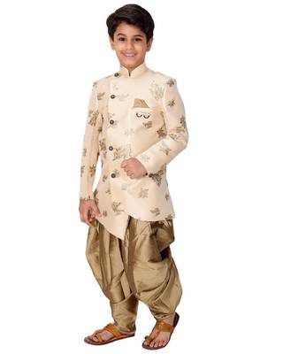 Beige plain cotton silk boys-indo-western-dress 4