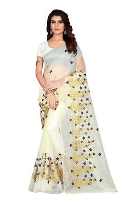 Off White Colour Embroidered Work Organza Saree With Blouse 1