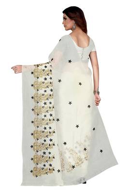 Off White Colour Embroidered Work Organza Saree With Blouse 2
