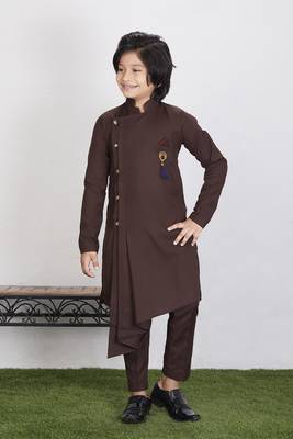 Kids Brown Cotton Blend Kurta Pajama Set For Boys 1