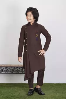 Kids Brown Cotton Blend Kurta Pajama Set For Boys