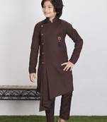 Kids Brown Cotton Blend Kurta Pajama Set For Boys