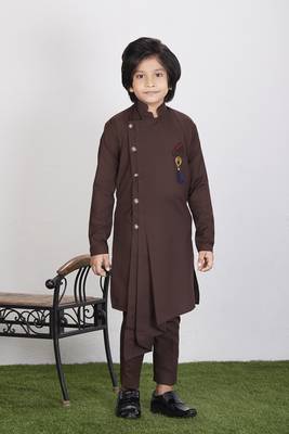Kids Brown Cotton Blend Kurta Pajama Set For Boys 2