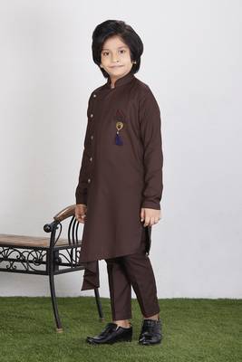 Kids Brown Cotton Blend Kurta Pajama Set For Boys 3