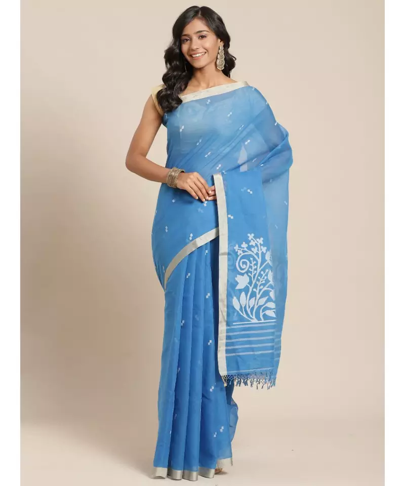 blue khadi hand woven saree with blouse