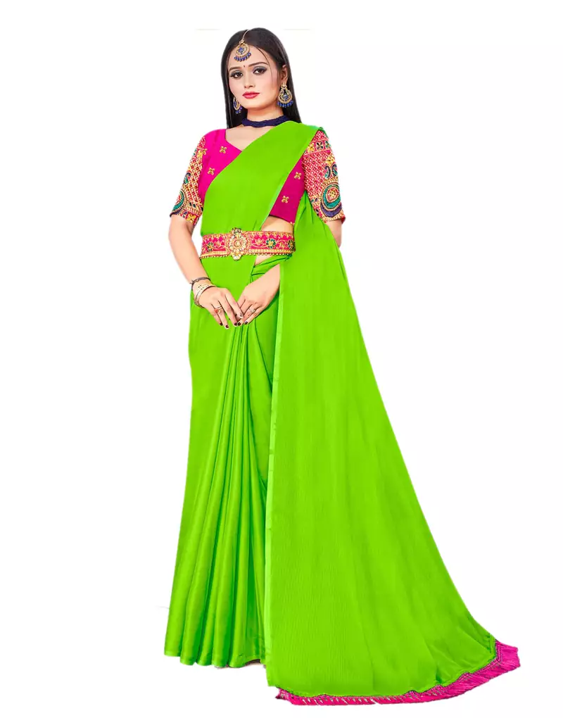 Green plain chiffon saree with blouse