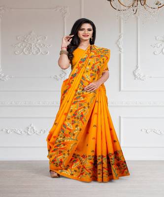 Yellow woven jacquard saree with blouse 1