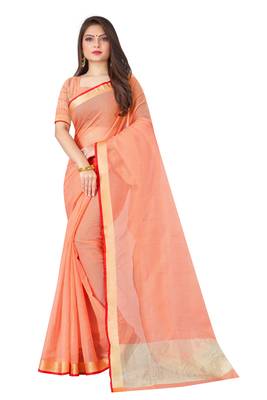 Orange woven cotton saree with blouse 1