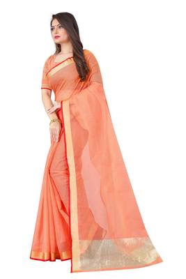 Orange woven cotton saree with blouse 3