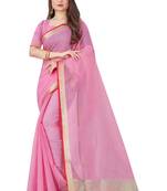 Pink woven cotton saree with blouse