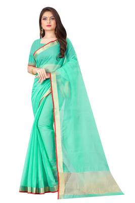 Blue woven cotton saree with blouse 1
