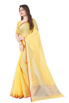 Yellow woven cotton saree with blouse 3