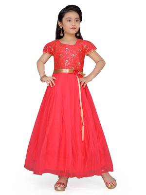 Red plain silk kids-girl-gowns 1