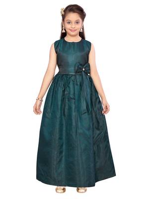 Green plain silk kids-girl-gowns 1
