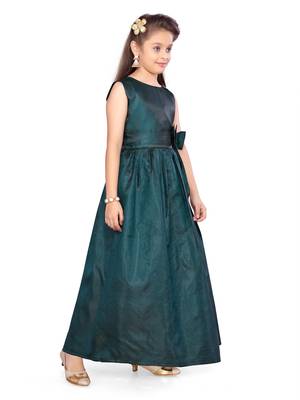 Green plain silk kids-girl-gowns 3
