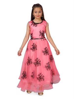 Pink plain polyester kids-girl-gowns 1