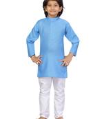 Blue plain cotton boys-kurta-pyjama