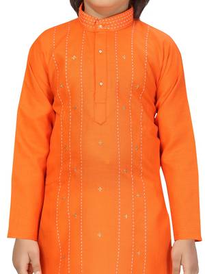 Orange embroidered cotton boys-kurta-pyjama 5