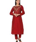 Maroon cotton embroidered stitched kurta with pant