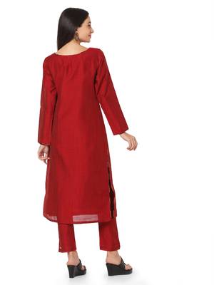 Maroon cotton embroidered stitched kurta with pant 2