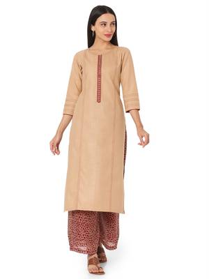 Beige cotton embroidered stitched   kurta & Palazzo 1