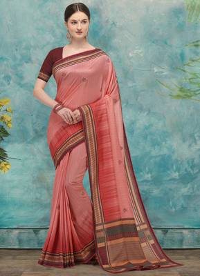 Peach printed tussar silk saree with blouse 1