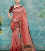 Peach printed tussar silk saree with blouse