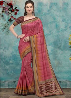 Pink printed tussar silk saree with blouse 1