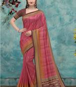 Pink printed tussar silk saree with blouse