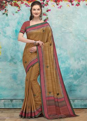 Golden printed tussar silk saree with blouse 1