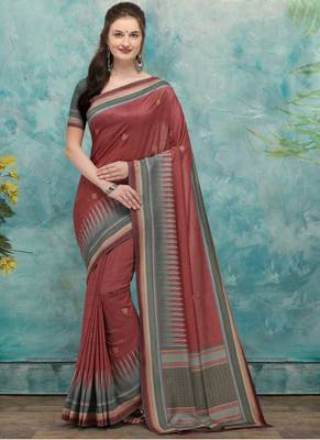 Red printed tussar silk saree with blouse 1
