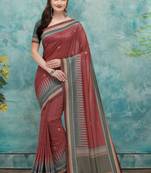 Red printed tussar silk saree with blouse