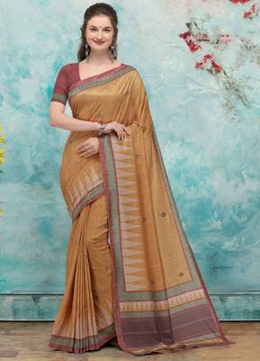 Mustard printed tussar silk saree with blouse 1