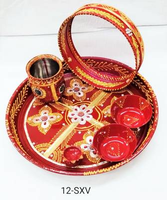BK Creation Puja Article Karwachauth Indian Traditional Decorative Pooja Thali Set Red 1
