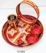 BK Creation Puja Article Karwachauth Indian Traditional Decorative Pooja Thali Set Red