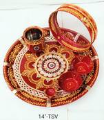 BK Creation Puja Article Karwachauth Indian Traditional Decorative Pooja Thali Set Red