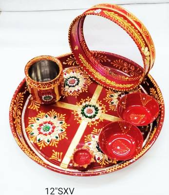 BK Creation Puja Article Karwachauth Indian Traditional Decorative Pooja Thali Set Red 1